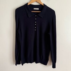 Woolovers Sweater Women Large Blue Merino Wool Cashmere Collared Pearl Button